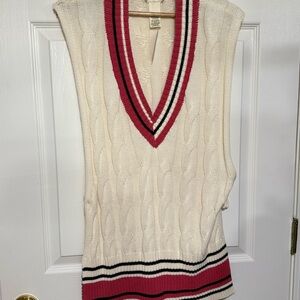 Free People V-Neck Cable Knit Sweater Vest - Cream and Red